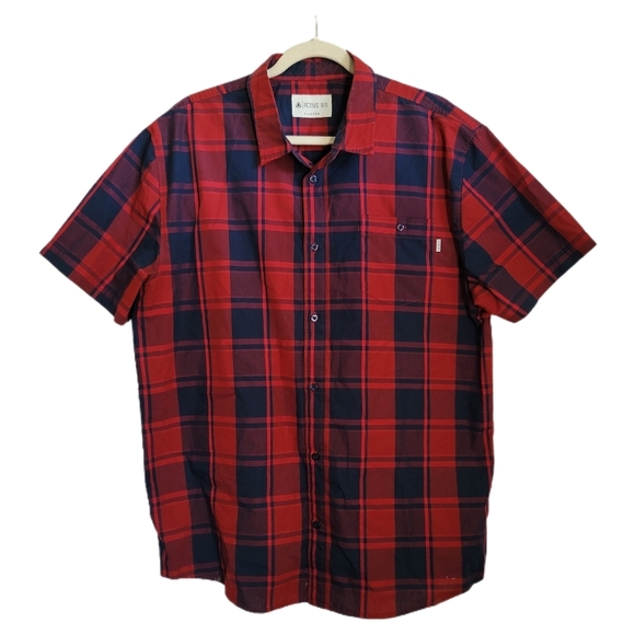 Active USA Other - Active Ride Shop Mens Shirt XL Red Navy Plaid Button Up Short Sleeve